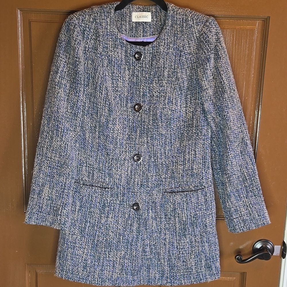 Classic-Wool blend lav, beige, green tweed button down front jkt Sz 4.
